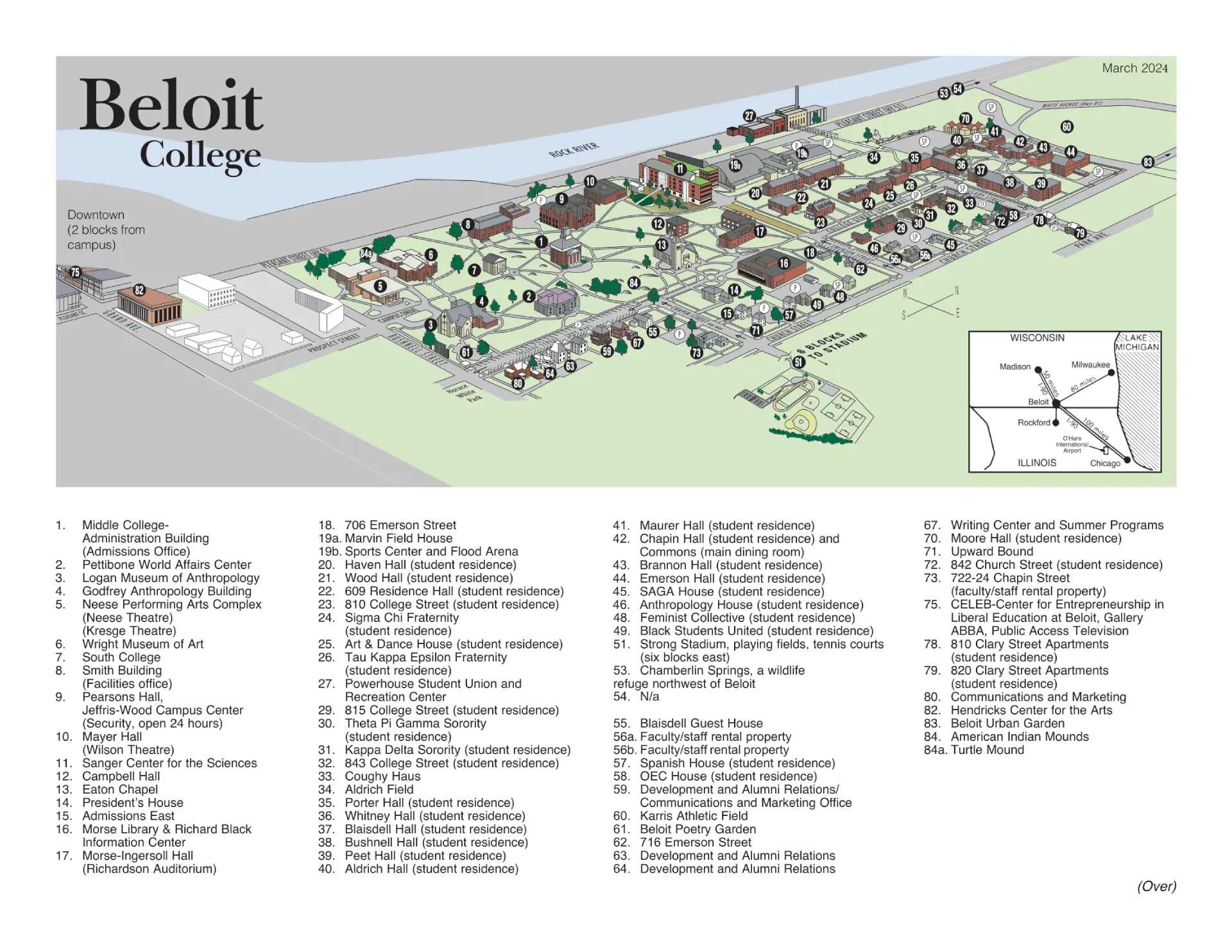 Beloit College Campus Map 2025 showing labeled academic, residential, and athletic areas with main roads and landmarks.
