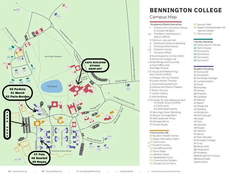 Bennington College Campus Map 2025 showing labeled academic, residential, and athletic areas with main roads and landmarks.