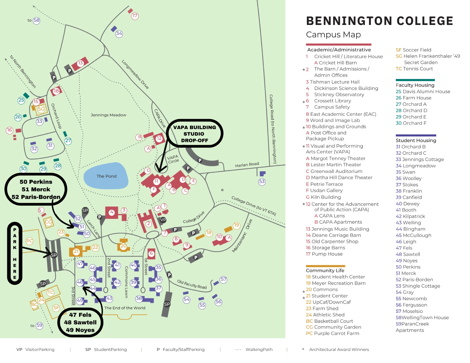 Bennington College Campus Map 2025 showing labeled academic, residential, and athletic areas with main roads and landmarks.