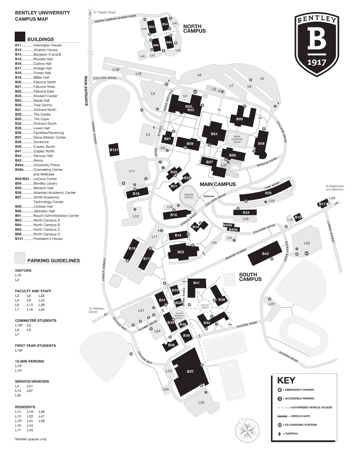 Bentley University Campus Map 2025 showing labeled academic, residential, and athletic areas with main roads and landmarks.