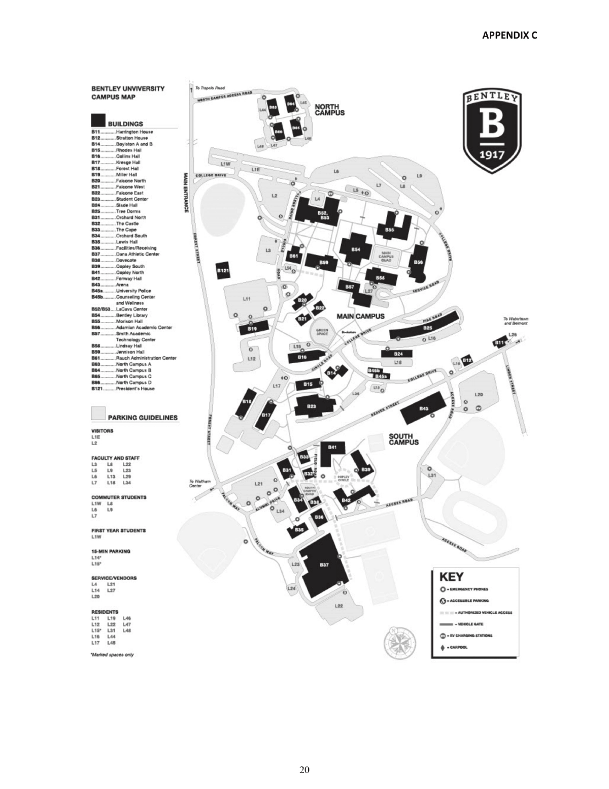 Bentley University Parking Map 2025 showing labeled visitor and permit lots with main entry routes.