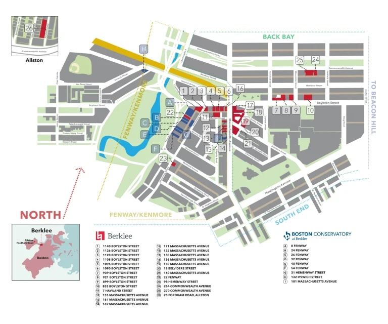 Berklee College of Music Campus Map 2025 showing labeled academic, residential, and athletic areas with main roads and landmarks.