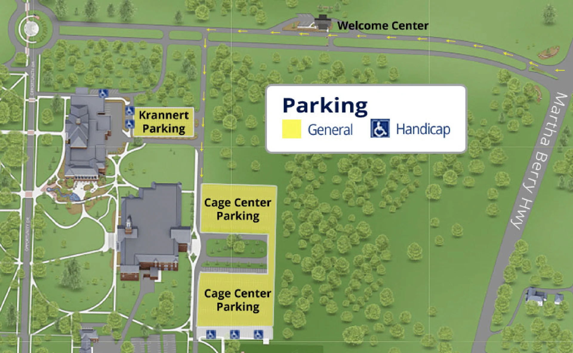 Berry College Parking Map 2025 showing labeled visitor and permit lots with main entry routes.