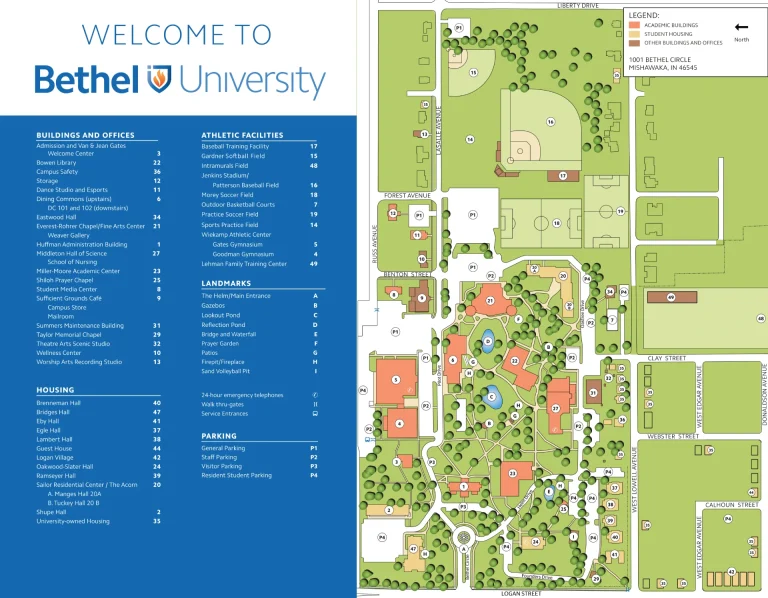Bethel College Mishawaka Campus Map 2023 showing labeled academic, residential, and athletic areas with main roads and landmarks.