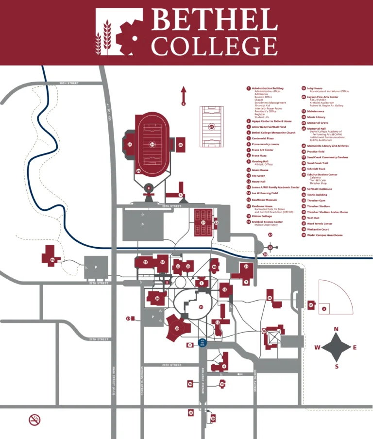 Bethel College Newton Campus Map 2025 showing labeled academic, residential, and athletic areas with main roads and landmarks.
