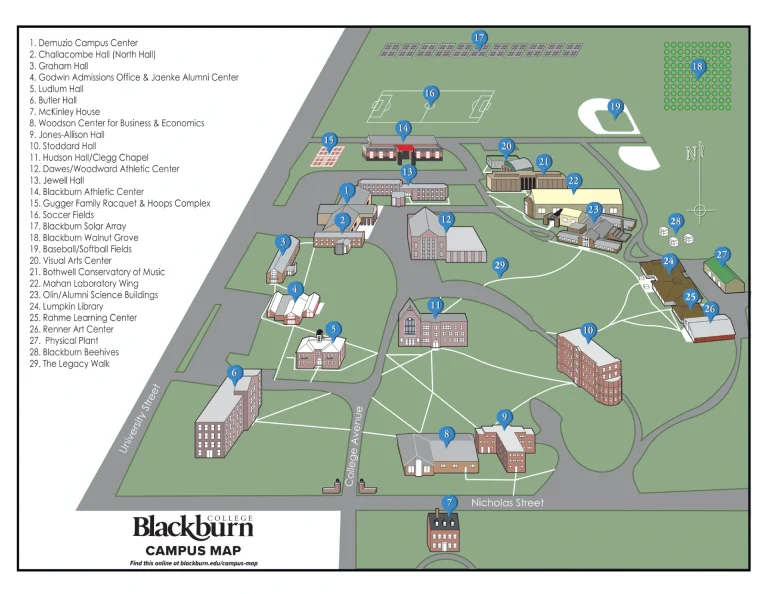 Blackburn College Campus Map 2024 showing labeled academic, residential, and athletic areas with main roads and landmarks.