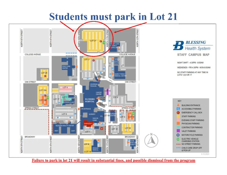 Blessing-Rieman College of Nursing Hospital Campus Map 2023 showing labeled buildings, student parking in Lot 21, and streets.