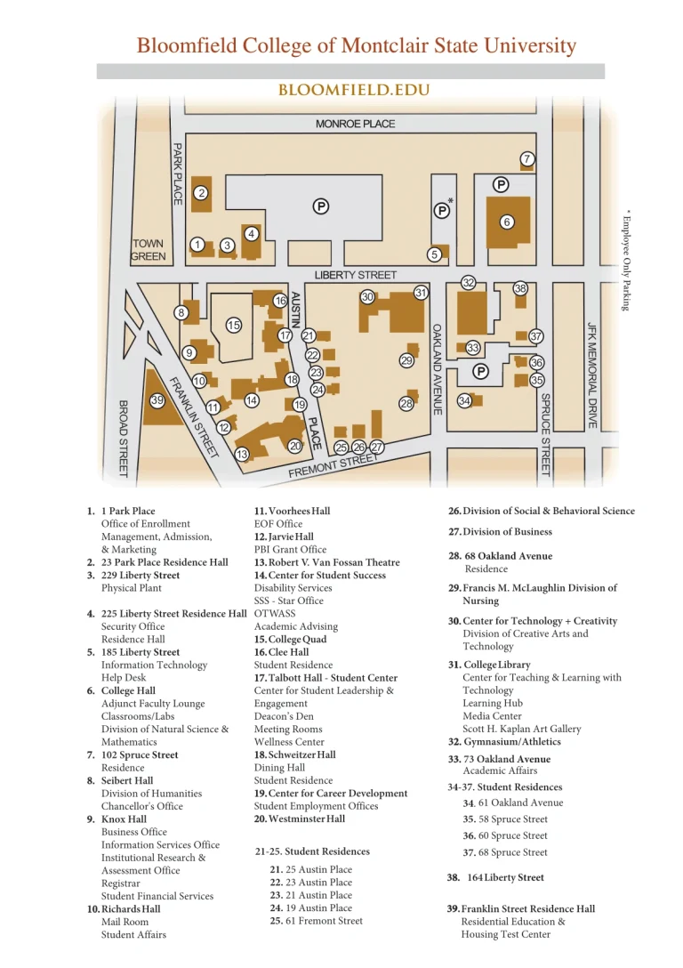 Bloomfield College of Montclair State University Campus Map 2023 showing labeled academic, residential, and athletic areas with main roads and landmarks.