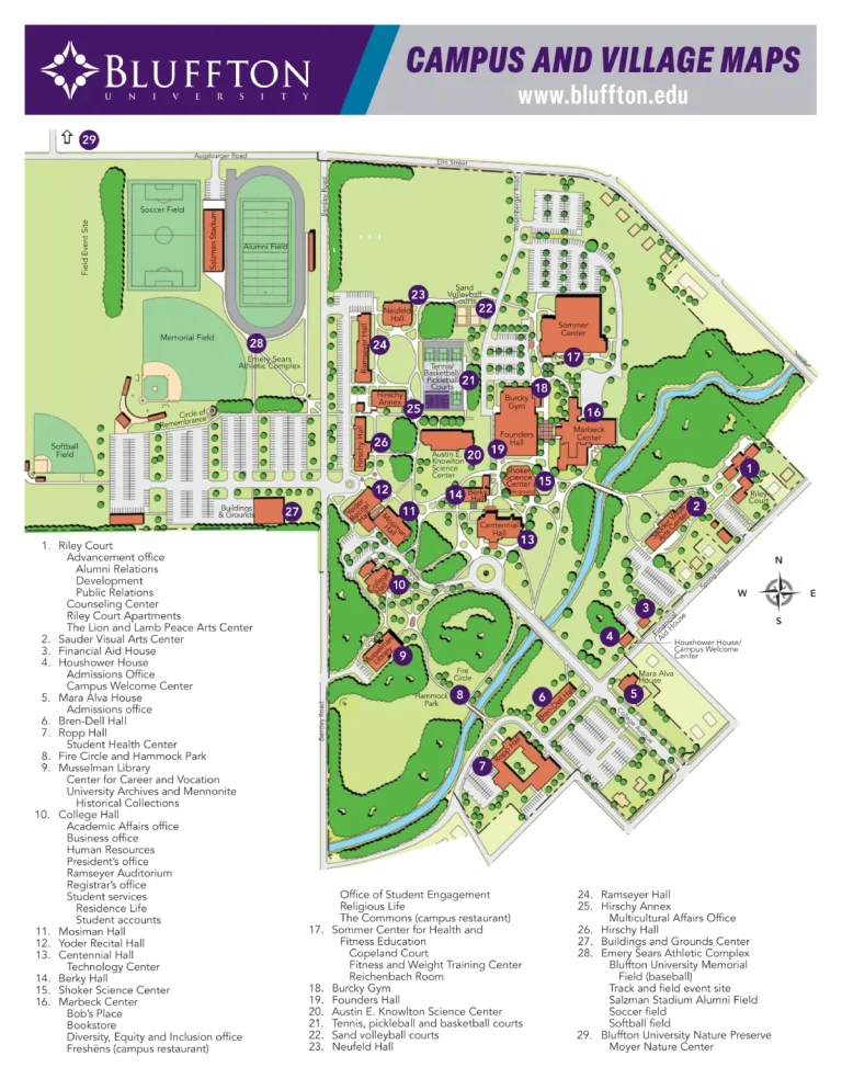 Bluffton University Campus Map 2024 showing labeled academic, residential, and athletic areas with main roads and landmarks.