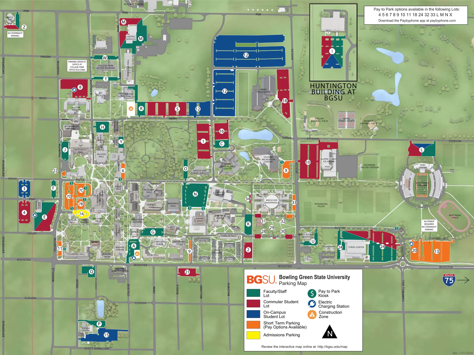 Bowling Green State University Parking Map 2025 showing labeled visitor and permit lots with main entry routes.
