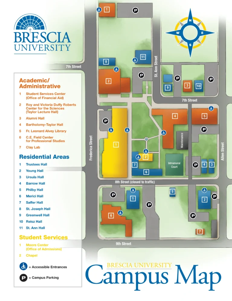 Brescia University Campus Map 2025 showing labeled academic, residential, and athletic areas with main roads and landmarks.