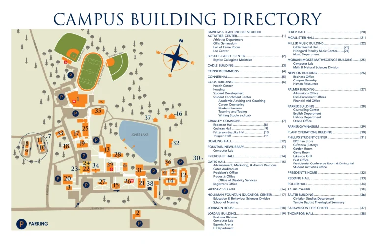 Brewton-Parker College Campus Map 2025 showing labeled academic, residential, and athletic areas with main roads and landmarks.