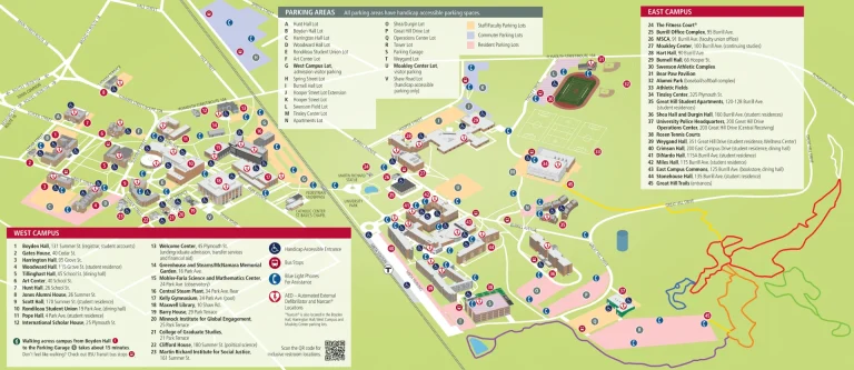 Bridgewater State University Campus Map 2025 showing labeled academic, residential, and athletic areas with main roads and landmarks.