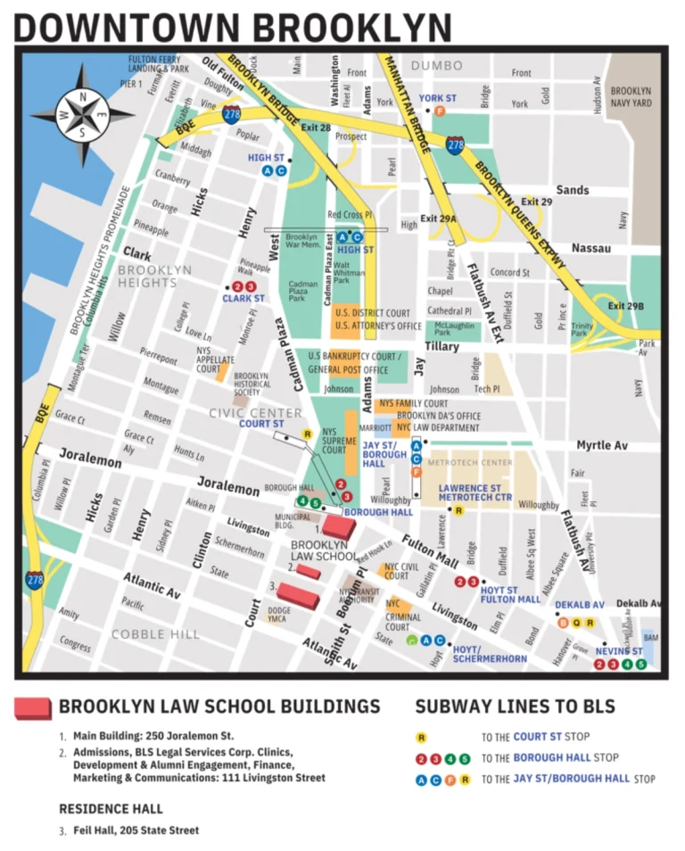 Brooklyn Law School Campus Map 2025 showing labeled BLS buildings, subway stations, and landmarks in Downtown Brooklyn.