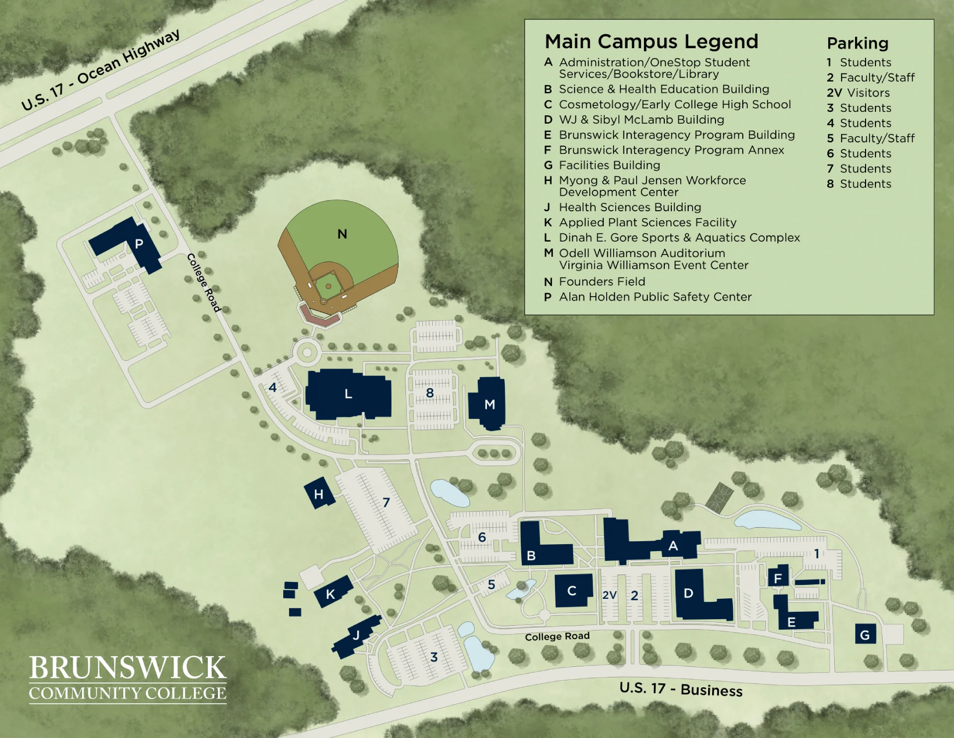 Brunswick Community College Campus Map 2025 showing labeled academic, residential, and athletic areas with main roads and landmarks.