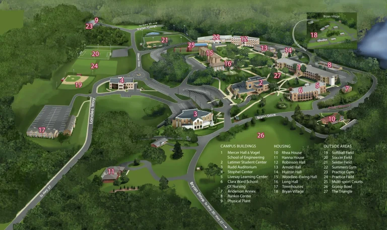 Bryan College Campus Map 2025 showing labeled academic, residential, and athletic areas with main roads and landmarks.
