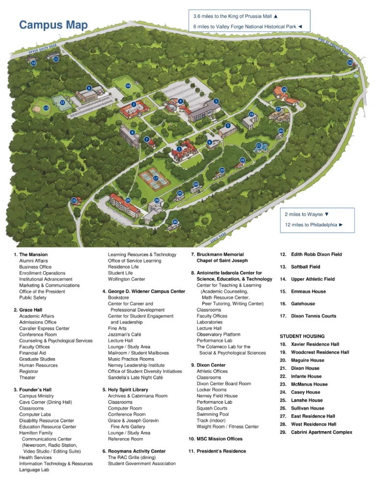 Cabrini College Campus Map 2014 showing labeled academic, residential, and athletic areas with main roads and landmarks.