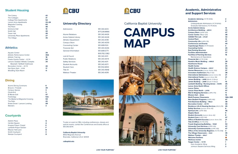 California Baptist University Campus Map 2025 showing labeled academic, residential, and athletic areas with main roads and landmarks.
