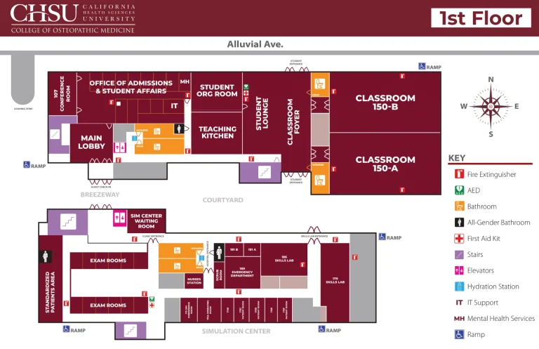 California Health Sciences University Campus Map 2025 showing the layout of Building 2500, parking lots, and surrounding streets like Alluvial Ave.