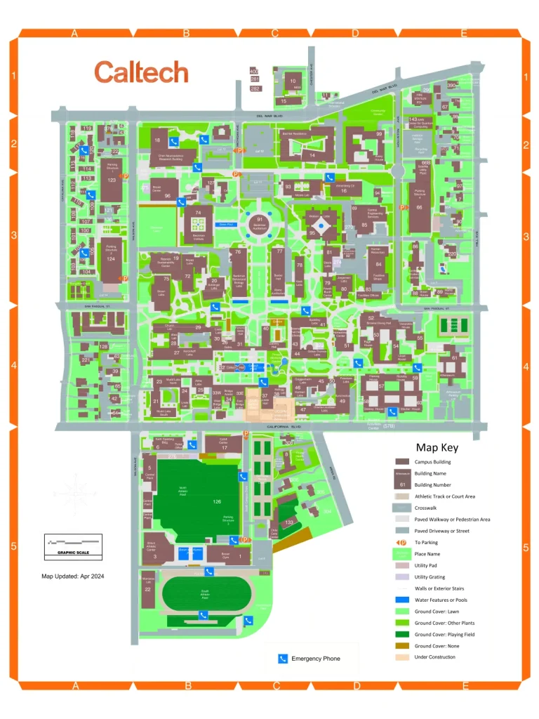 California Institute of Technology Campus Map 2024 showing labeled academic, residential, and athletic areas with main roads and landmarks.