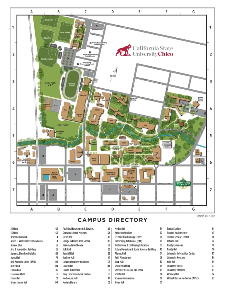 California State University Chico Campus Map 2023 showing labeled academic, residential, and athletic areas with main roads and landmarks.