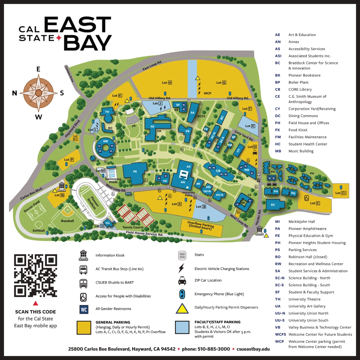 California State University East Bay Campus Map 2025 showing labeled academic, residential, and athletic areas with main roads and landmarks.