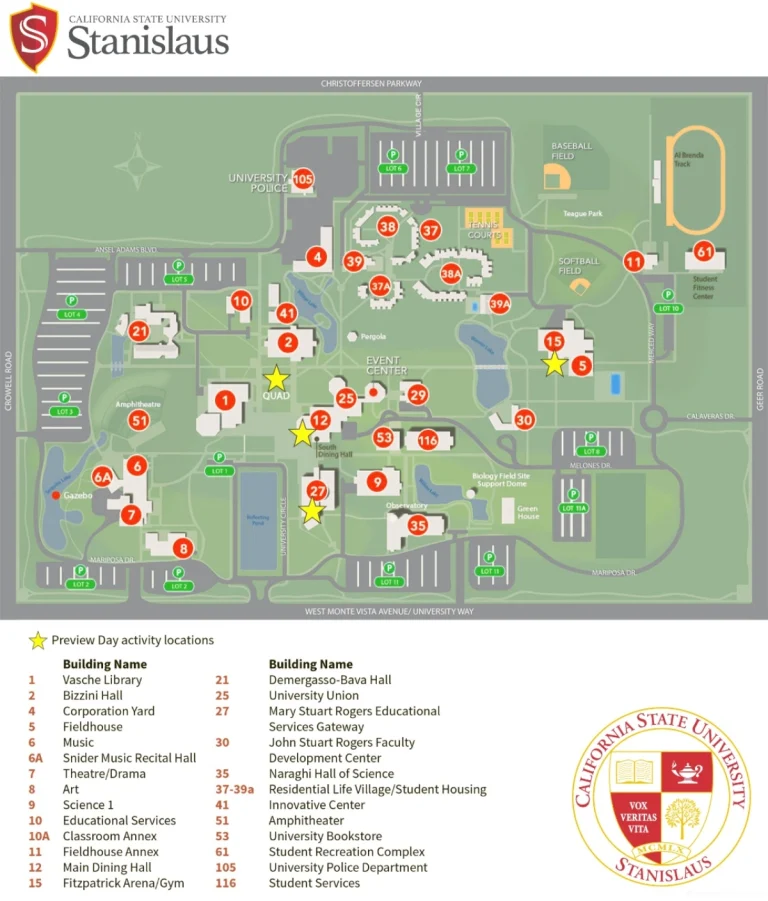 California State University Stanislaus Campus Map 2025 showing labeled academic, residential, and athletic areas with main roads and landmarks.
