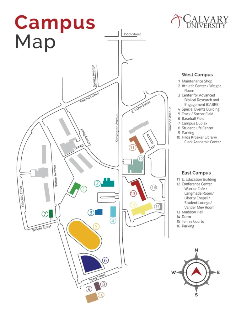 Calvary University Campus Map 2025 showing labeled academic, residential, and athletic areas with main roads and landmarks.
