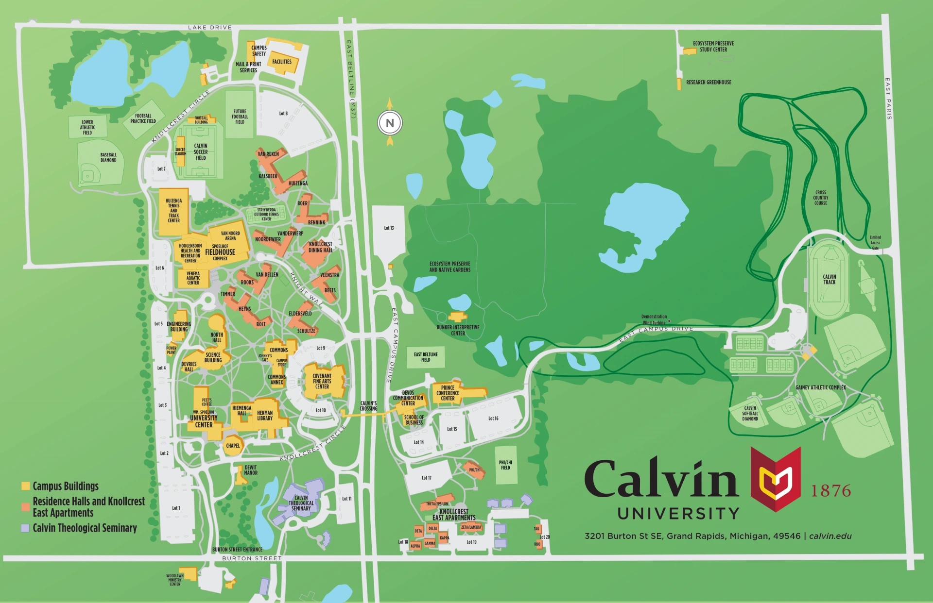 Calvin University Campus Map 2025 showing labeled academic, residential, and athletic areas with main roads and landmarks.
