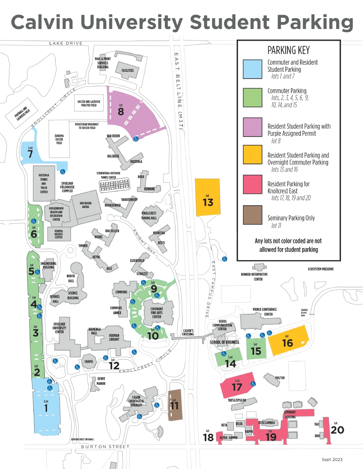 Calvin University Parking Map 2025 showing labeled visitor and permit lots with main entry routes.