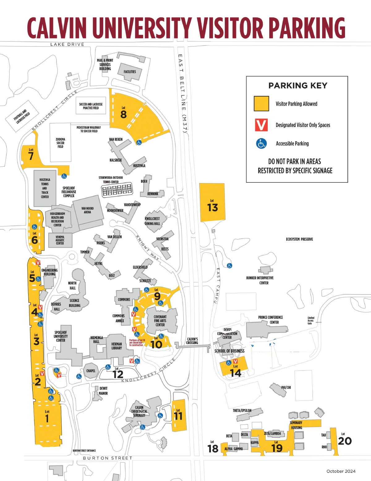 Calvin University Parking Map 2025 showing labeled visitor and permit lots with main entry routes.