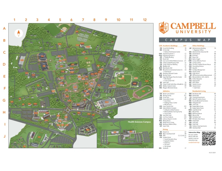 Campbell University Campus Map 2021 showing labeled academic, residential, and athletic areas with main roads and landmarks.