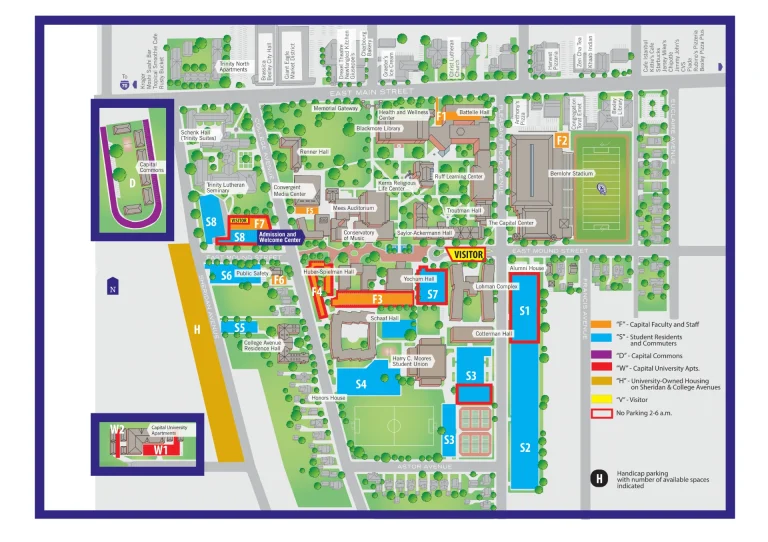 Capital University Campus Map 2025 showing labeled academic, residential, and athletic areas with main roads and landmarks.