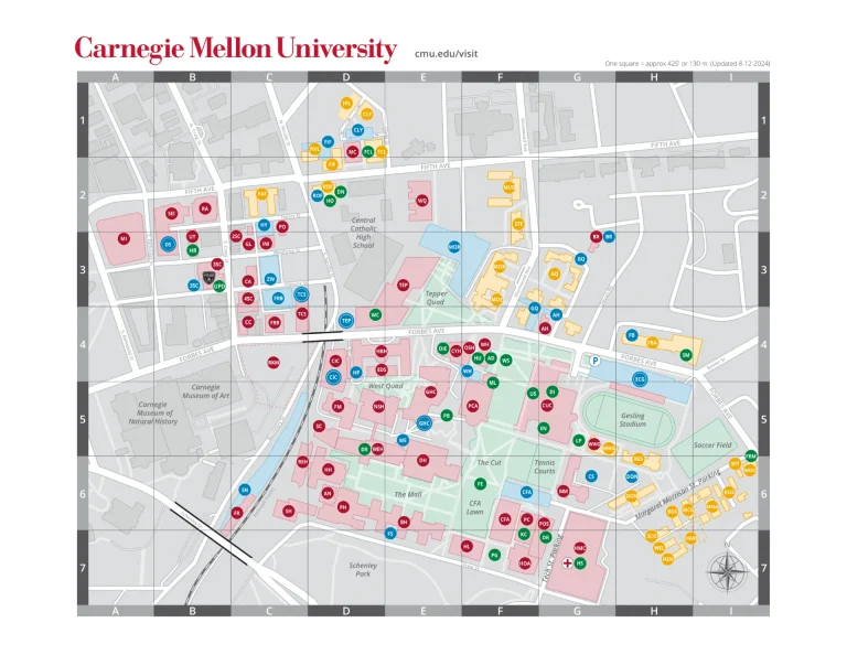 Carnegie Mellon University Campus Map 2025 showing labeled academic, residential, and athletic areas with main roads and landmarks.