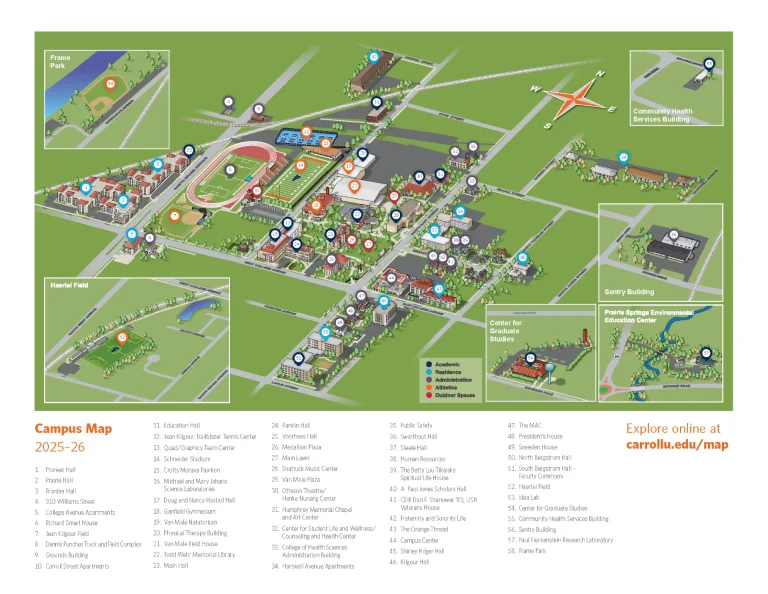 Carroll University Campus Map 2025 showing labeled academic, residential, and athletic areas with main roads and landmarks.