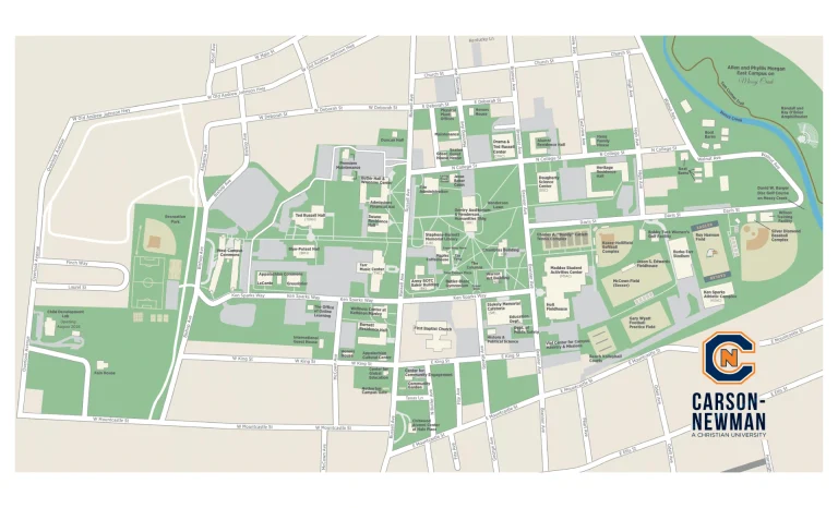 Carson-Newman University Campus Map 2025 showing labeled academic, residential, and athletic areas with main roads and landmarks.