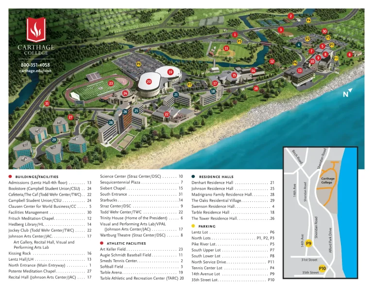 Carthage College Campus Map 2025 showing labeled academic, residential, and athletic areas with main roads and landmarks.