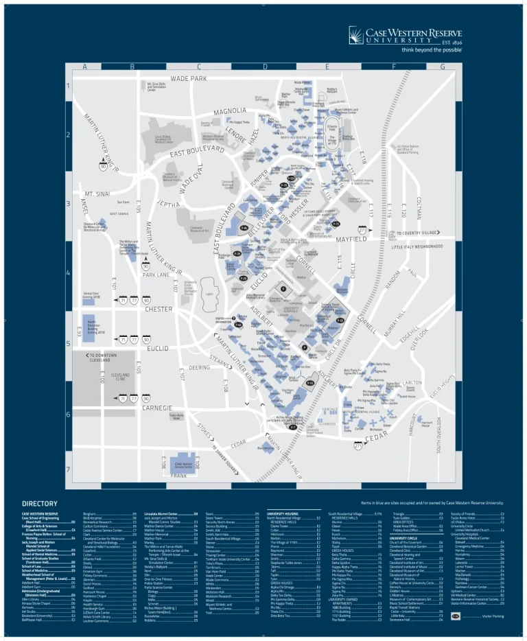 Case Western Reserve University Campus Map 2025 showing labeled academic, residential, and athletic areas with main roads and landmarks.