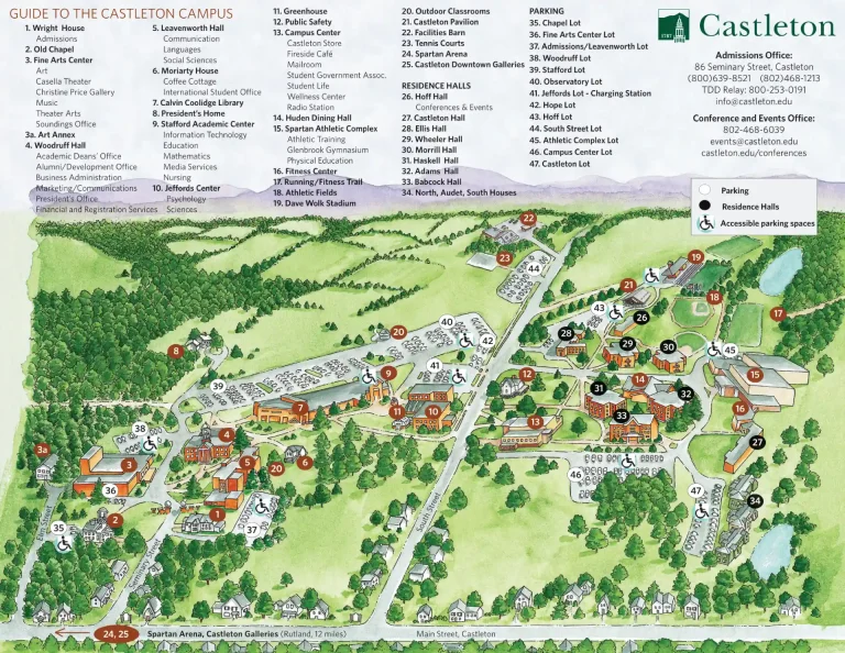 Castleton Campus Map 2025 showing labeled academic, residential, and athletic areas with main roads and landmarks.