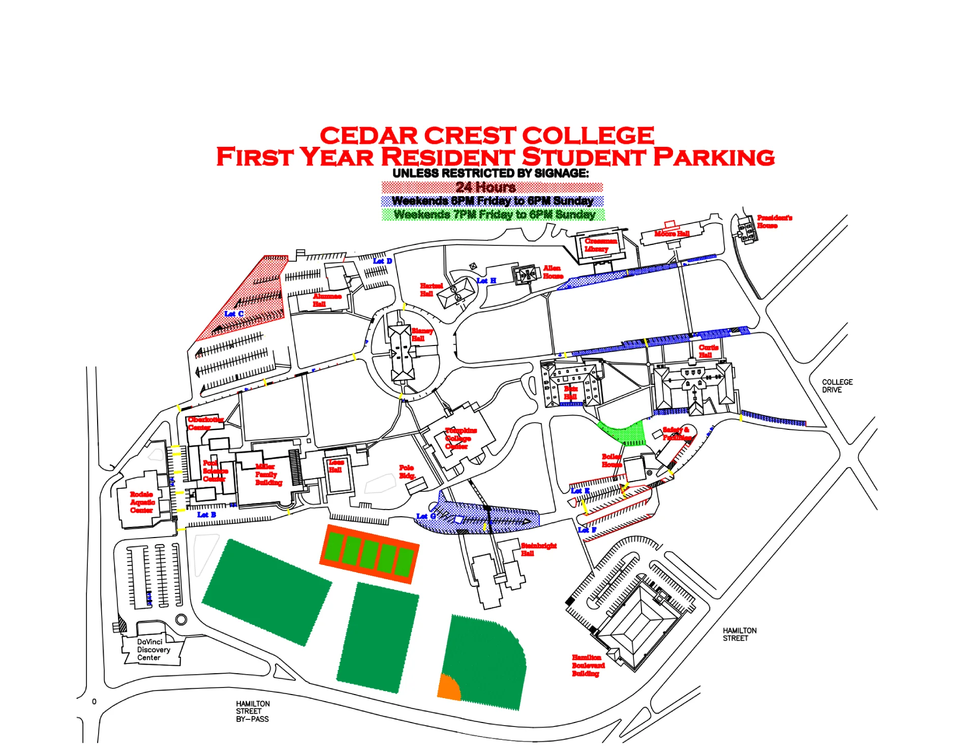 Cedar Crest College Parking Map 2025 showing labeled visitor and permit lots with main entry routes.