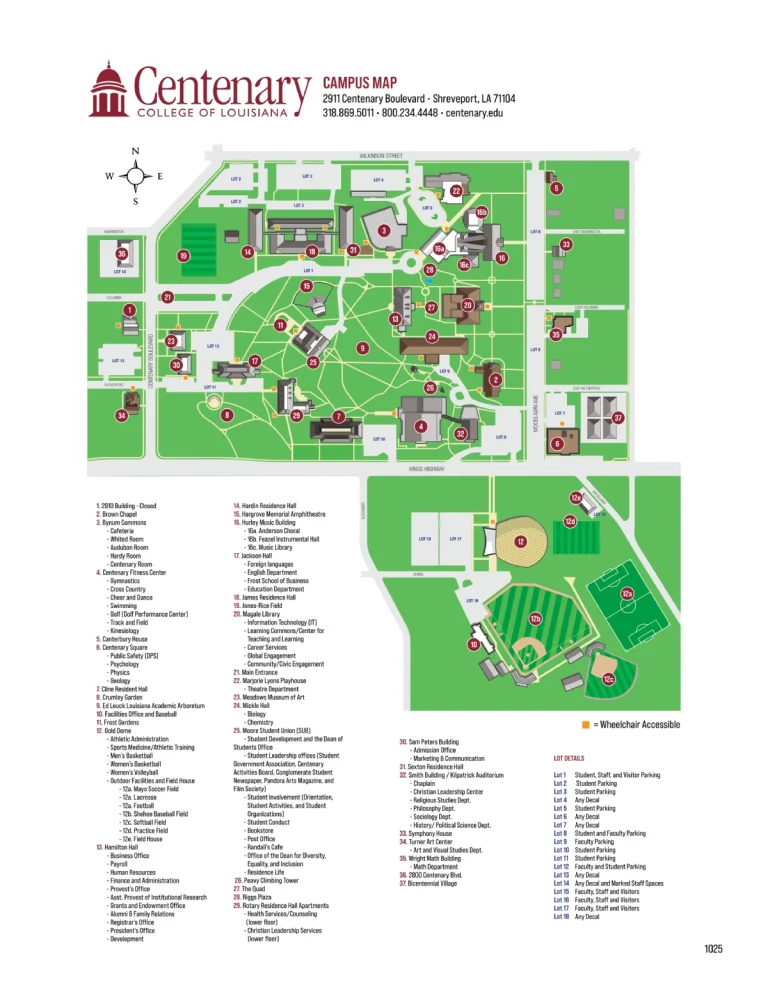 Centenary College of Louisiana Campus Map 2025 showing labeled academic, residential, and athletic areas with main roads and landmarks.