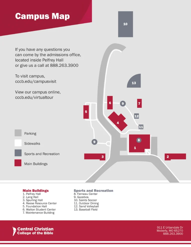 Central Christian College of the Bible Campus Map 2025 showing labeled academic, residential, and athletic areas with main roads and landmarks.