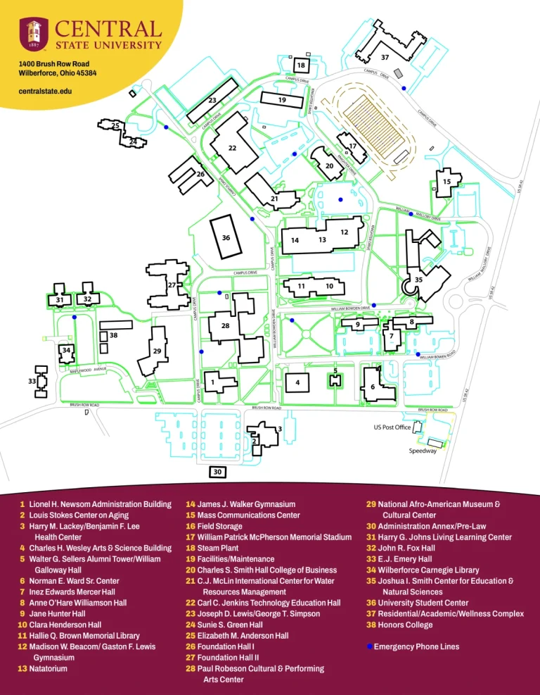 Central State University Campus Map 2025 showing labeled academic, residential, and athletic areas with main roads and landmarks.