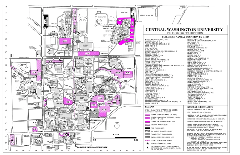 Central Washington University Campus Map 2025 showing labeled academic, residential, and athletic areas with main roads and landmarks.