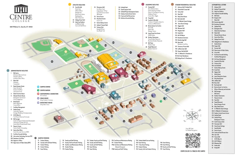 Centre College Campus Map 2025 showing labeled academic, residential, and athletic areas with main roads and landmarks.