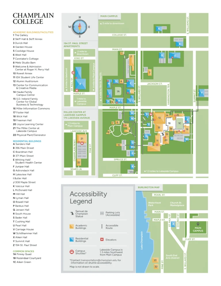Champlain College Campus Map 2025 showing labeled academic buildings, residence halls, and the Finney Quad with accessible paths.