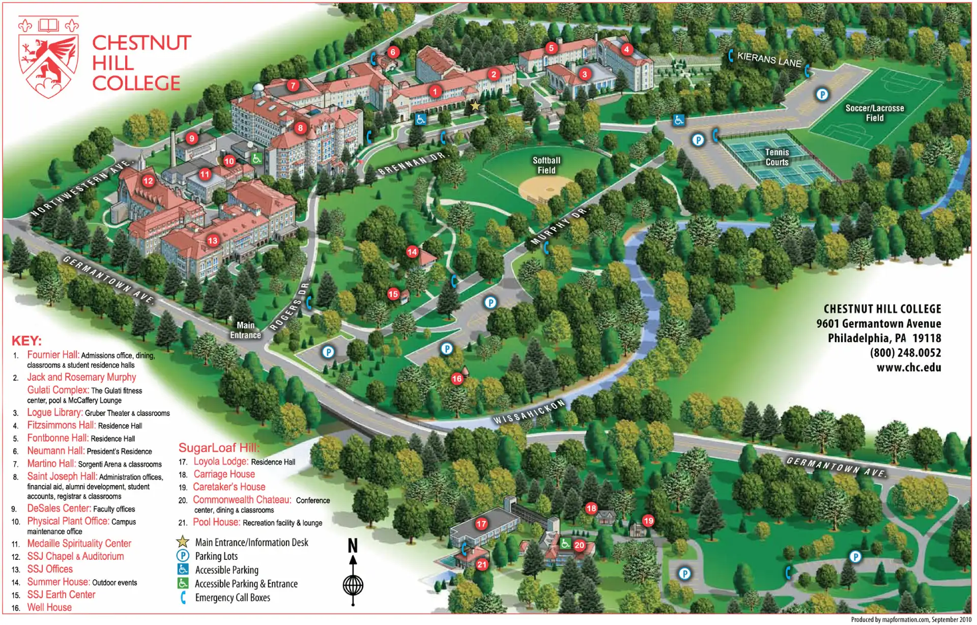 Chestnut Hill College Campus Map 2025 showing labeled academic, residential, and athletic areas with main roads and landmarks.