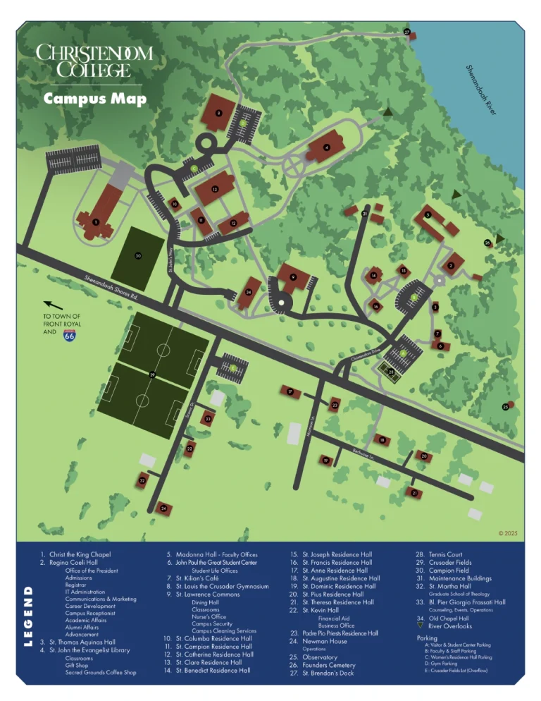 Christendom College Campus Map 2025 showing labeled academic, residential, and athletic areas with main roads and landmarks.