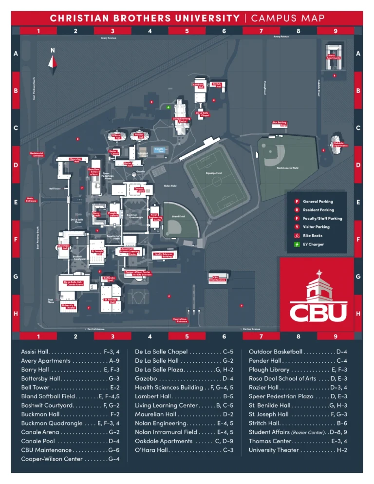 Christian Brothers University Campus Map 2025 showing labeled academic, residential, and athletic areas with main roads and landmarks.