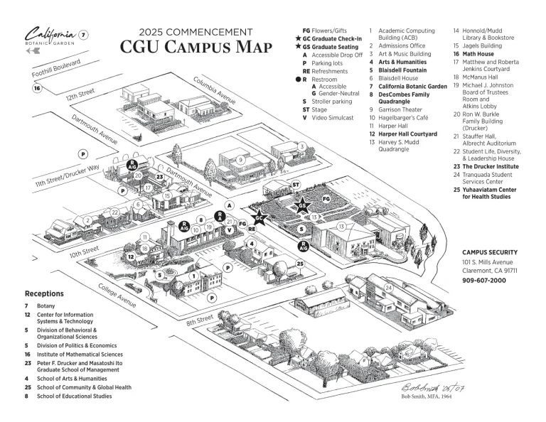 Claremont Graduate University Campus Map 2025 showing labeled academic buildings, the DesCombes Family Quadrangle, and parking areas along 11th Street.